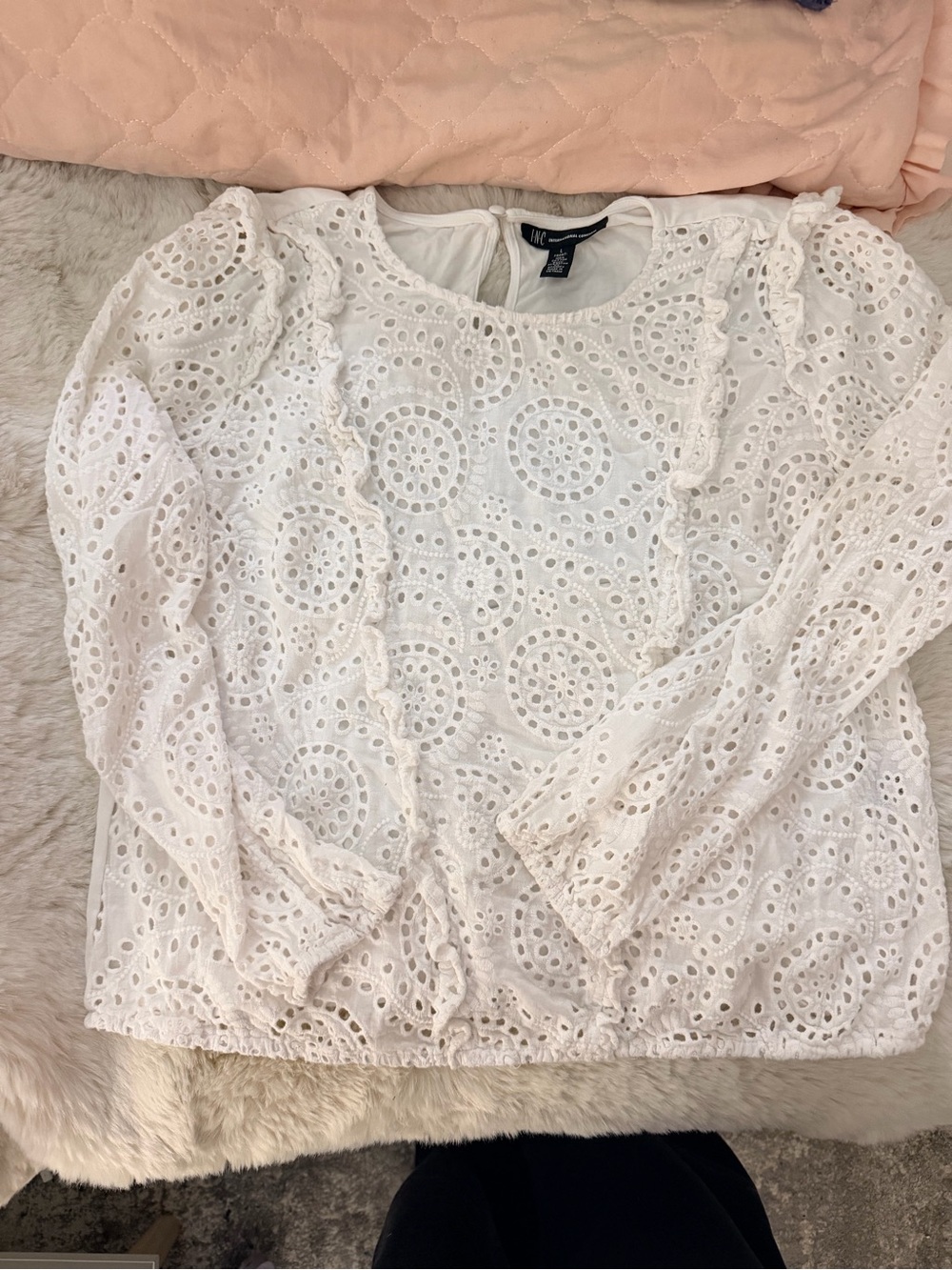 INC International Concepts White Eyelet Lace Long Sleeve Blouse